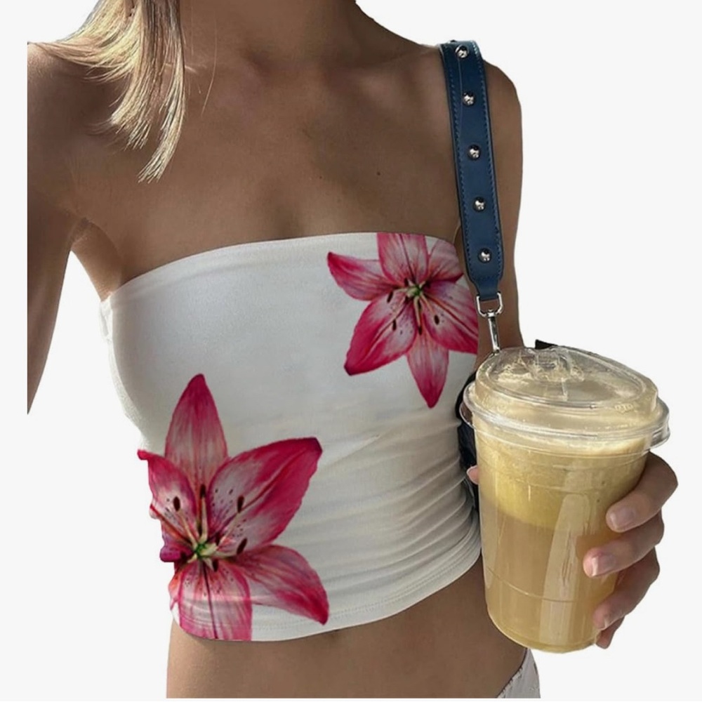 beach streetwear feminine white and red floral tube top 🌺